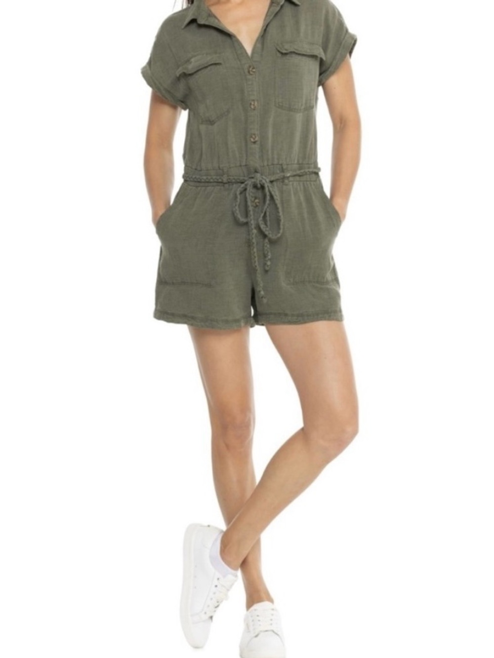 Nicole Miller-Olive Short-Sleeve Utility Romper
